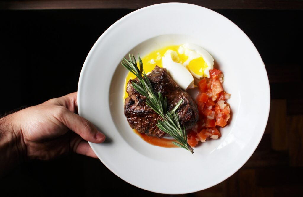 plate portion control steak eggs tomatoes