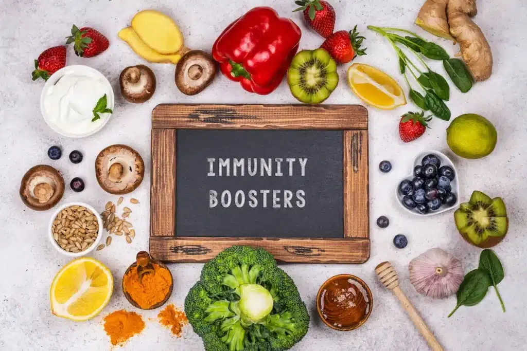 immunity boosters fruit, vegetables, ginger mushroom honey cinnamon