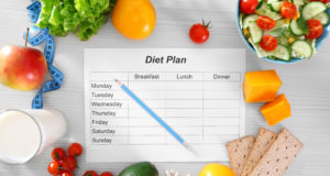 Sheet Of Diet Plan And Fresh Products On Wooden Table