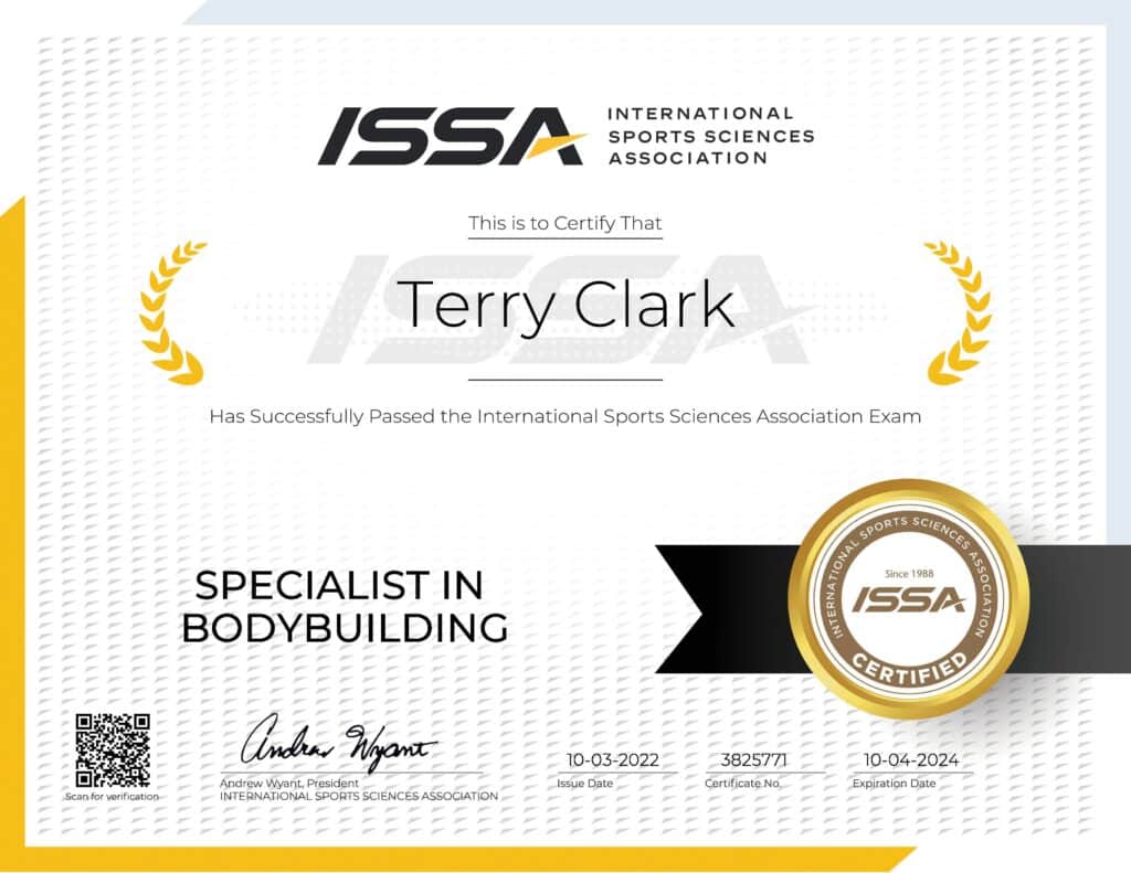 Terry Clark bodybuilding specialist certification, ISSA, International Sports Sciences Association