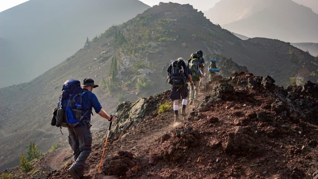 man, hiking, mountains, backpack, trail