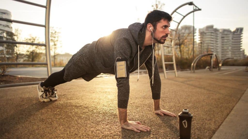 pushup, outdoors, water bottle, man, exercise