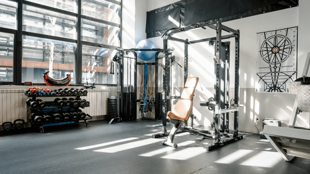 home gym, power rack, incline bench, yoga ball, stability ball