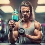 muscle man, biceps, dumbbells, water bottle