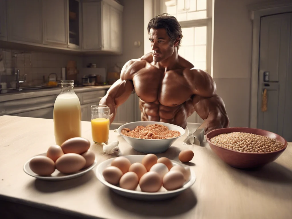 How Does Protein Intake Affect Muscle Growth with a bodybuilder sitting at a table with sources of protein including chicken, milk, and eggs