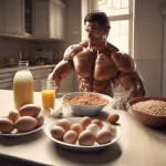 How Does Protein Intake Affect Muscle Growth with a bodybuilder sitting at a table with sources of protein including chicken, milk, and eggs