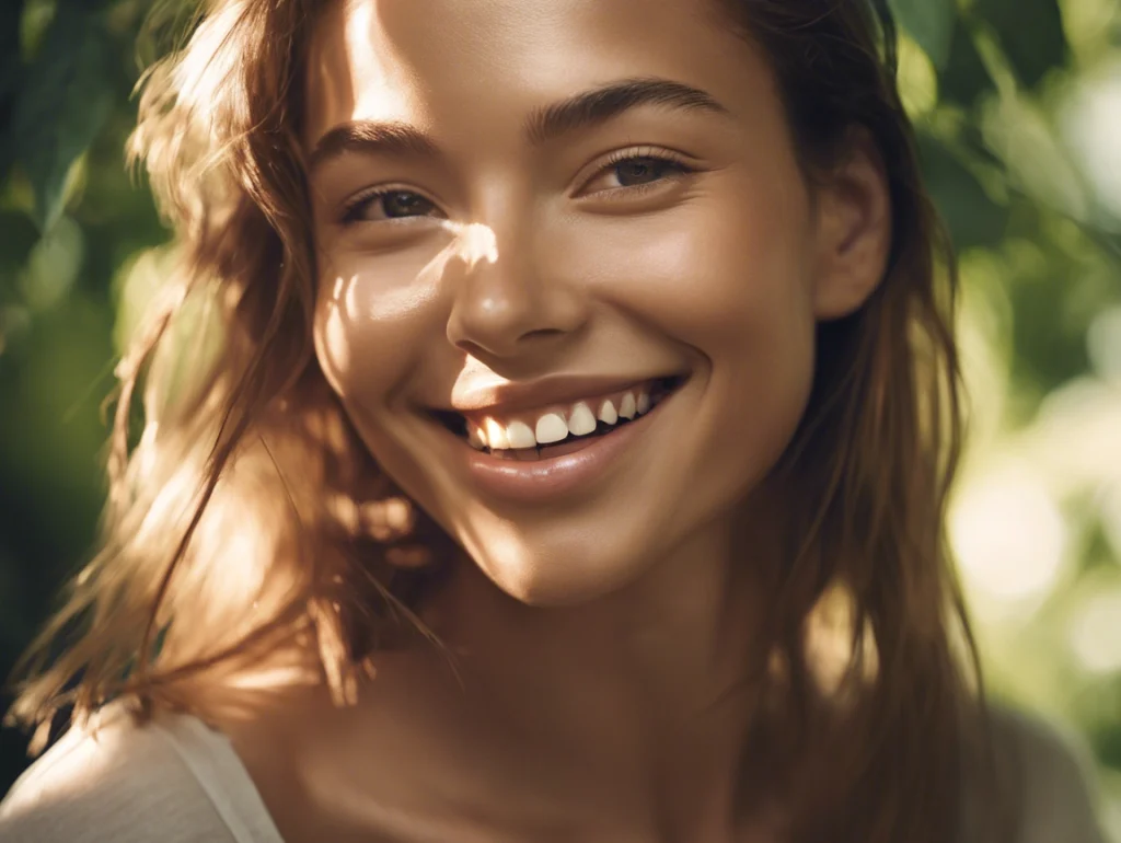 5 Simple Ways to Improve the Youthfulness of Your Skin. A close-up of a person's glowing, healthy face with a radiant complexion, gently smiling. The background shows a serene, natural setting, such as soft sunlight filtering through greenery, to evoke a sense of wellness and vitality.